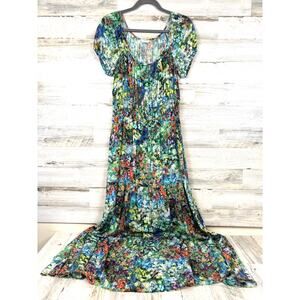 Atelier Womens M Multi Wildflower Elastic Waist Short Sleeve Summer Maxi Dress